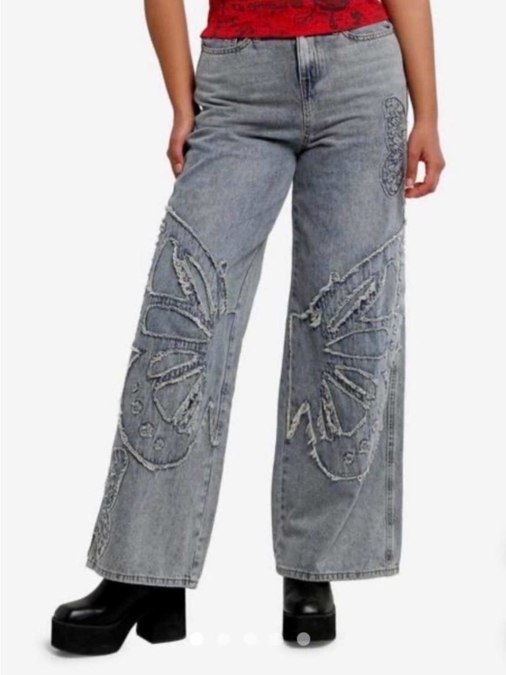 NEW! Hot Topic Light Blue Butterfly patchwork Wide-Leg Jeans. Baggy fit size 11